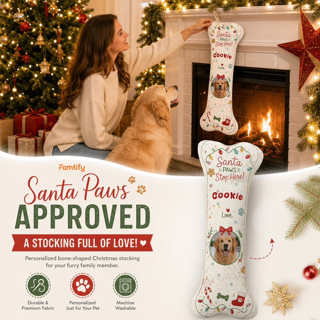 Personalized Santa Paws Stop Here Twinkle Lights dog bone Christmas stocking, view 3
