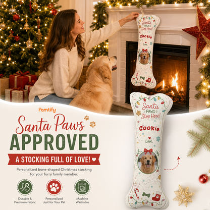 Personalized Santa Paws Stop Here Twinkle Lights dog bone Christmas stocking, view 3