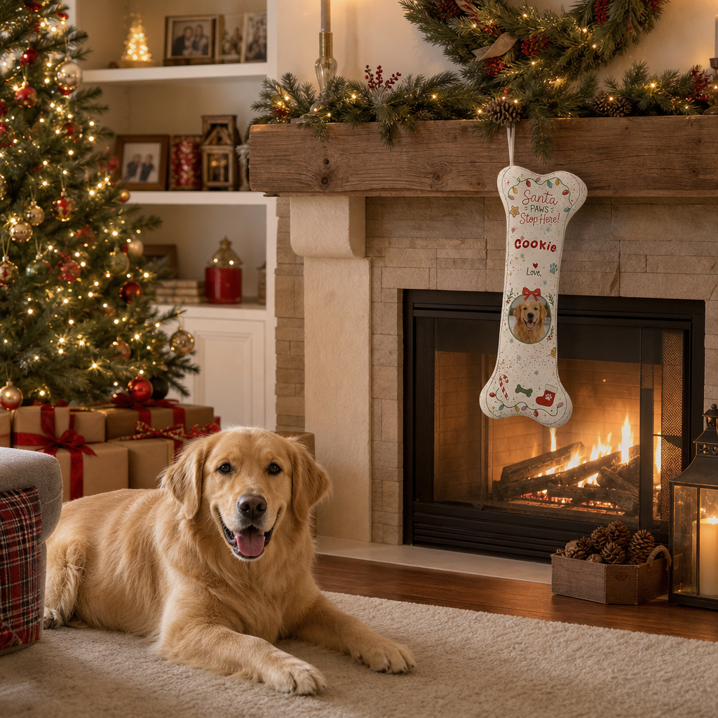 Personalized Santa Paws Stop Here Twinkle Lights dog bone Christmas stocking, view 4
