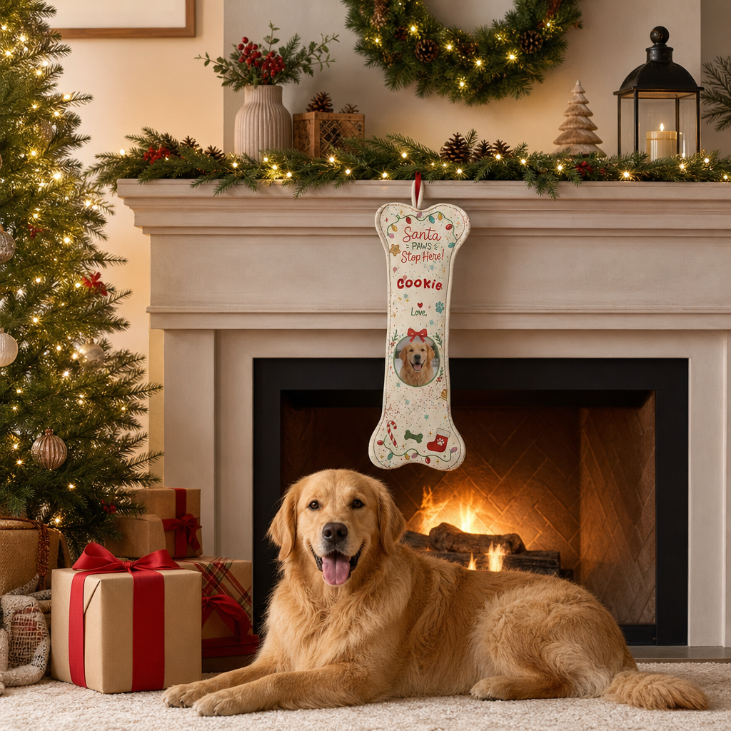 Personalized Santa Paws Stop Here Twinkle Lights dog bone Christmas stocking, view 5