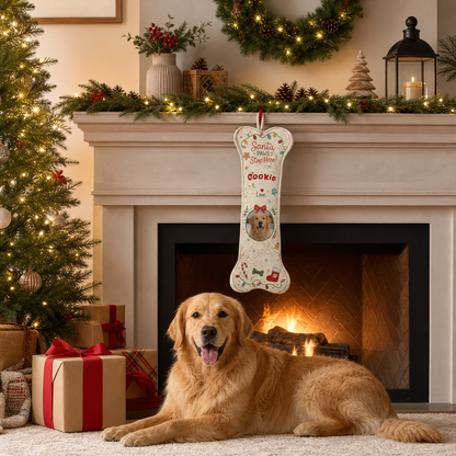 Personalized Santa Paws Stop Here Twinkle Lights dog bone Christmas stocking, view 5