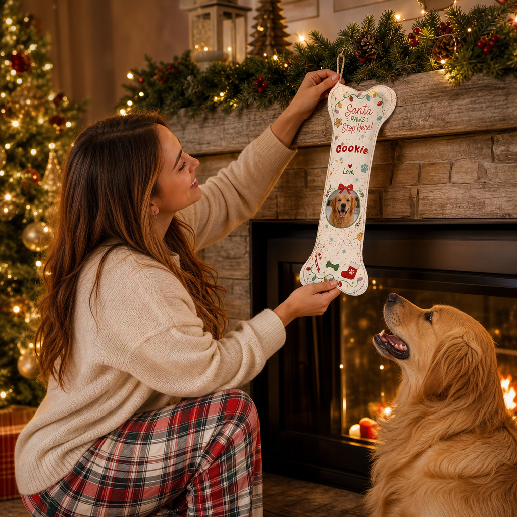 Personalized Santa Paws Stop Here Twinkle Lights dog bone Christmas stocking, view 6