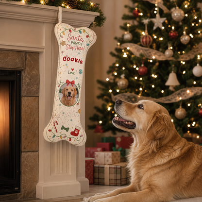 Personalized Santa Paws Stop Here Twinkle Lights dog bone Christmas stocking, view 7