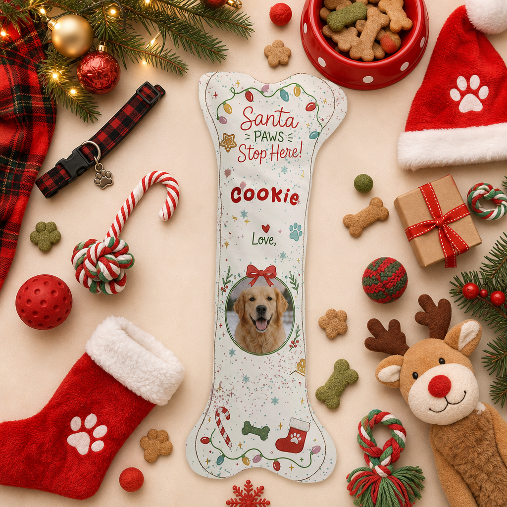 Personalized Santa Paws Stop Here Twinkle Lights dog bone Christmas stocking, view 8