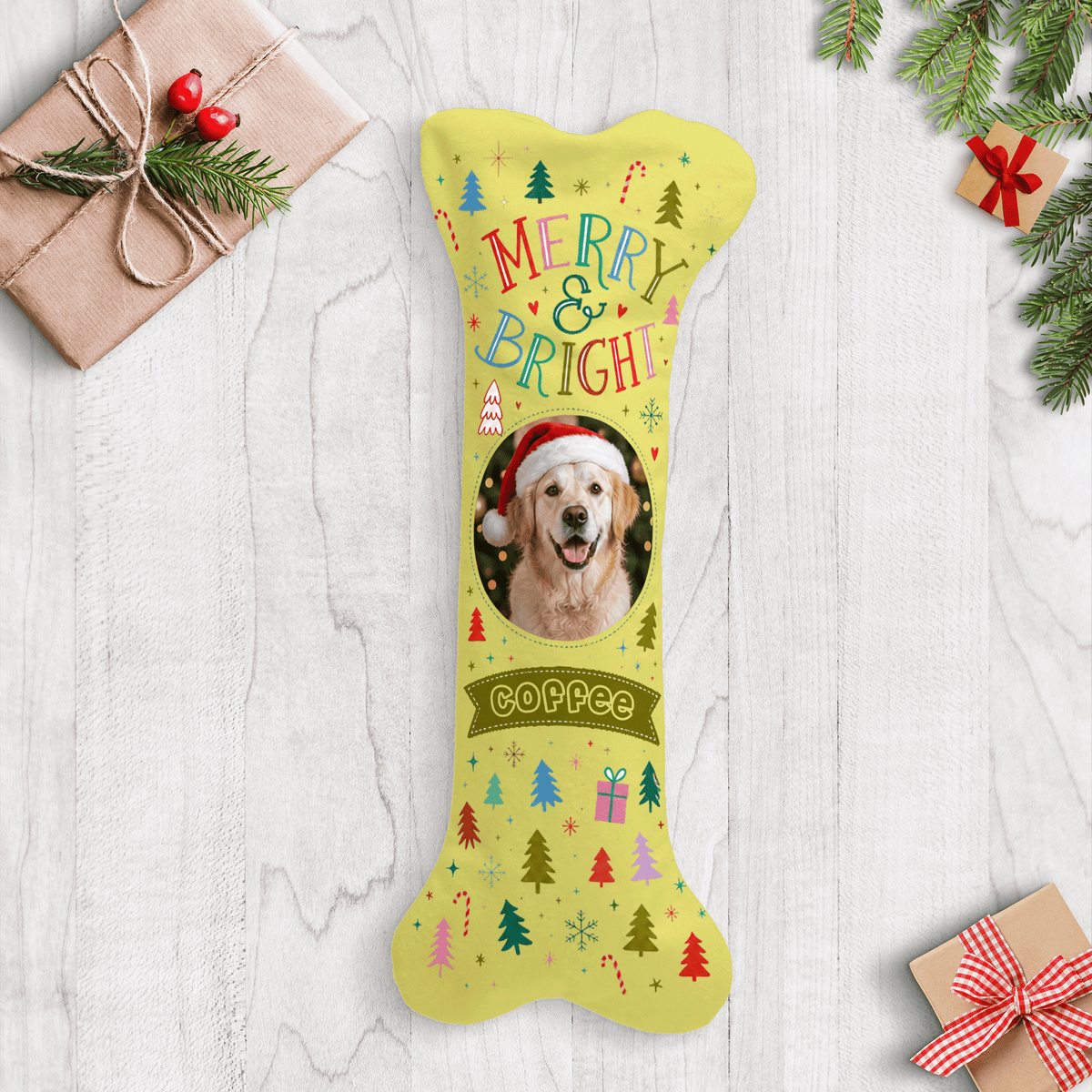 Personalized Merry and Bright Christmas Trees dog bone Christmas stocking with custom dog photo and name