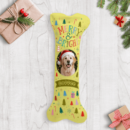 Personalized Merry and Bright Christmas Trees dog bone Christmas stocking with custom dog photo and name