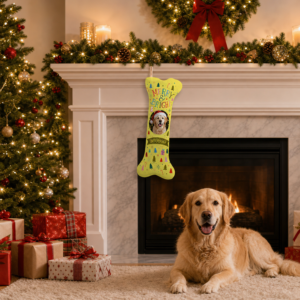 Personalized Merry and Bright Christmas Trees dog bone Christmas stocking, view 3