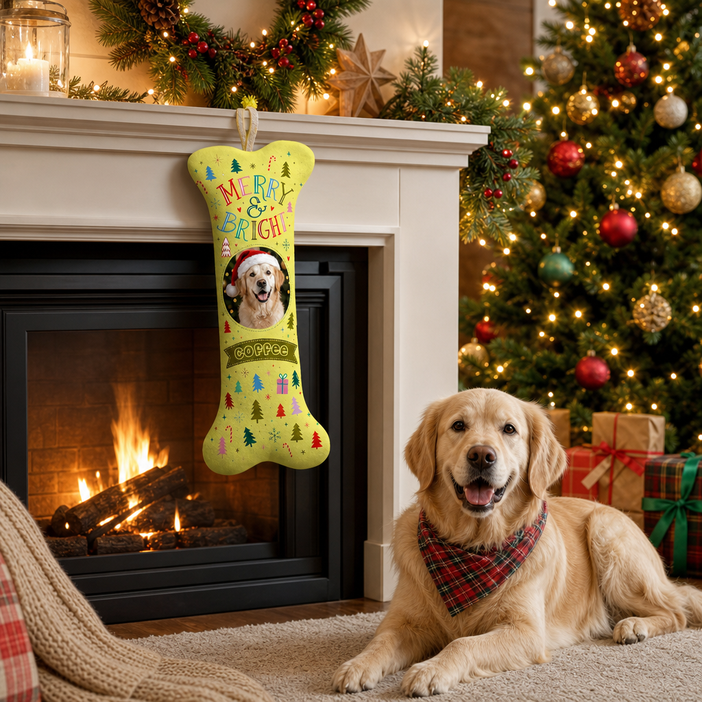 Personalized Merry and Bright Christmas Trees dog bone Christmas stocking, view 4