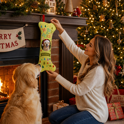 Personalized Merry and Bright Christmas Trees dog bone Christmas stocking, view 5