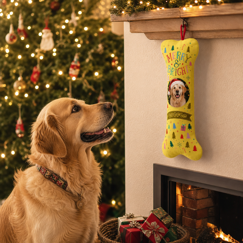 Personalized Merry and Bright Christmas Trees dog bone Christmas stocking, view 7