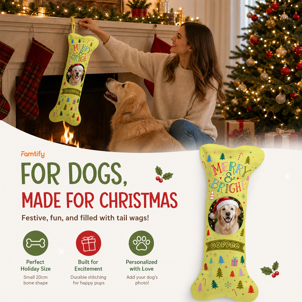 Personalized Merry and Bright Christmas Trees dog bone Christmas stocking, view 8