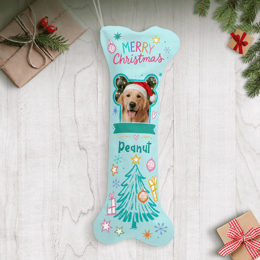 Personalized Merry Christmas Frosty Tree dog bone Christmas stocking with custom dog photo and name