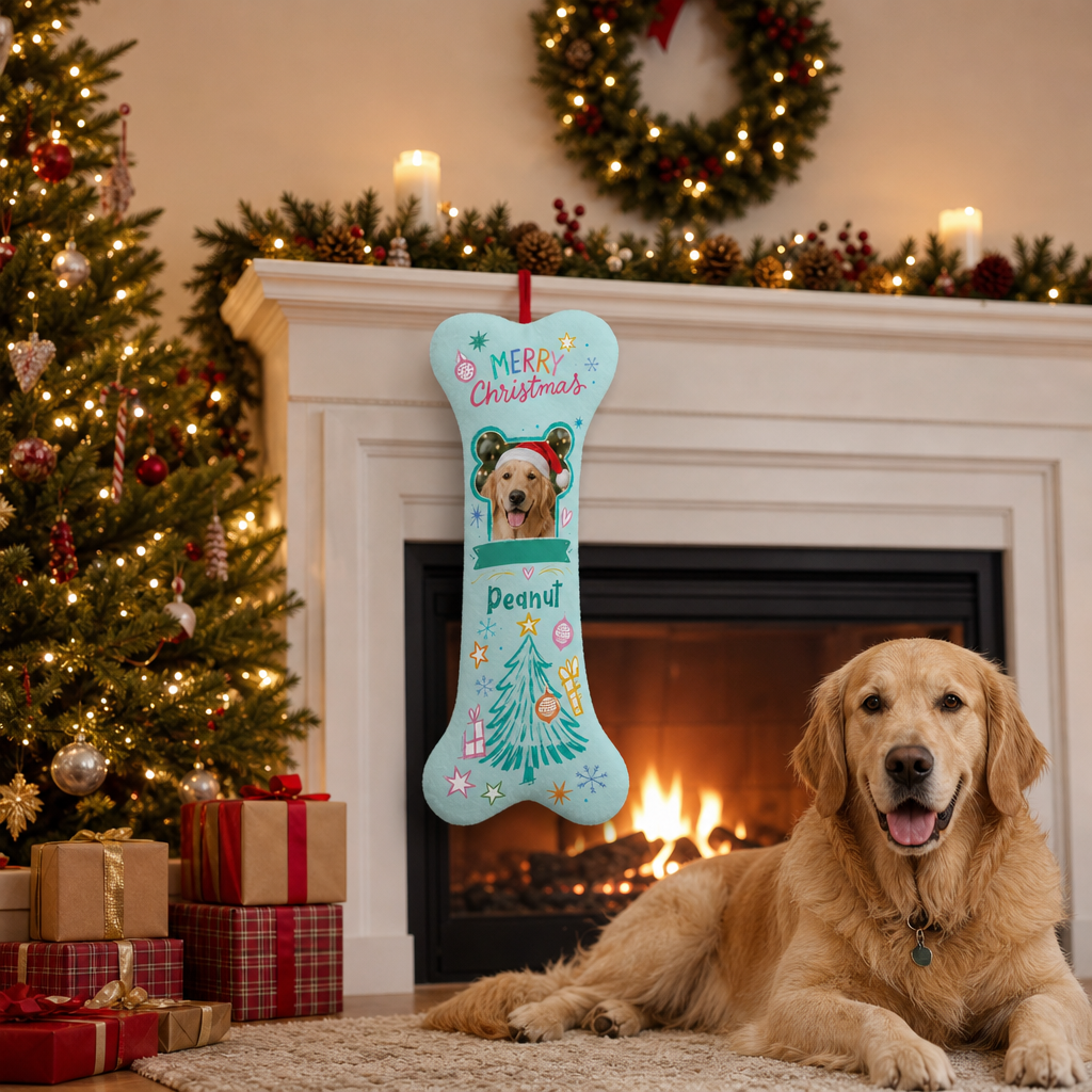 Personalized Merry Christmas Frosty Tree dog bone Christmas stocking, view 3