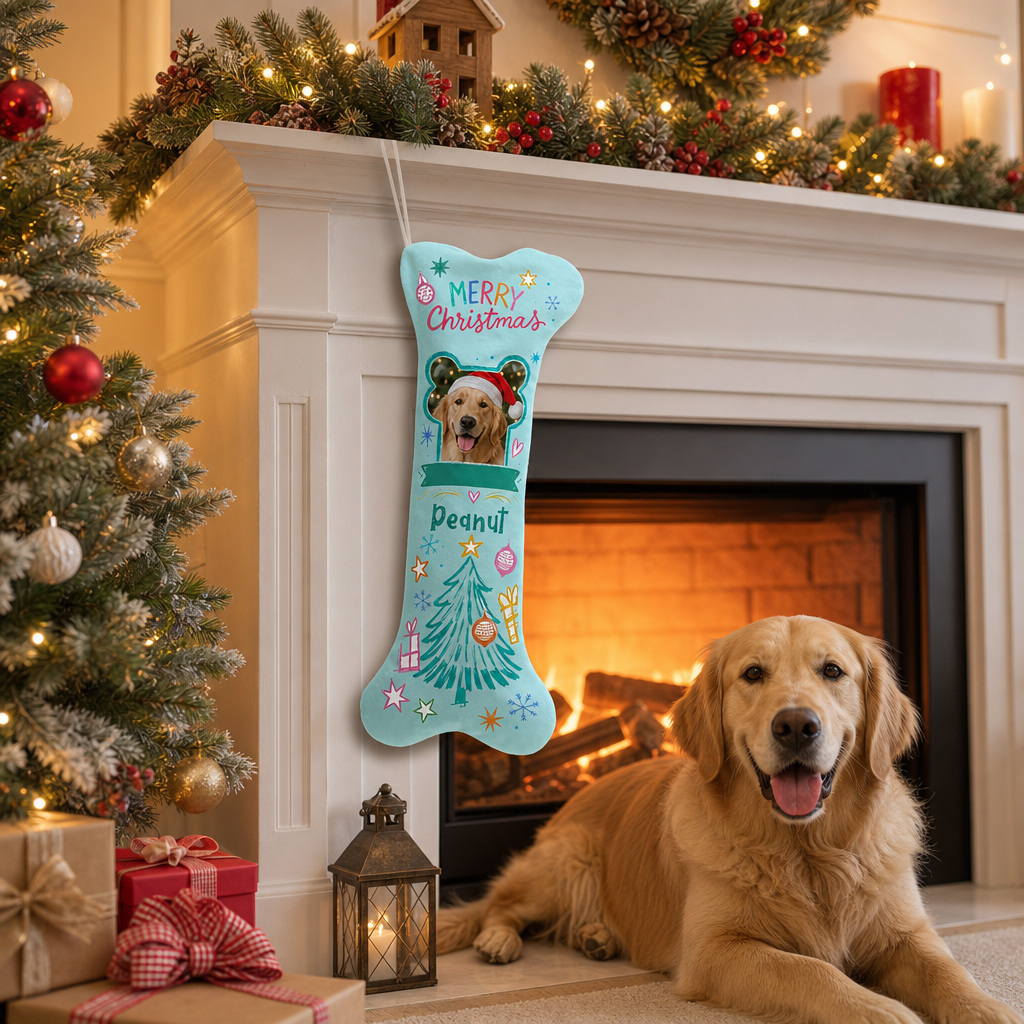 Personalized Merry Christmas Frosty Tree dog bone Christmas stocking, view 4