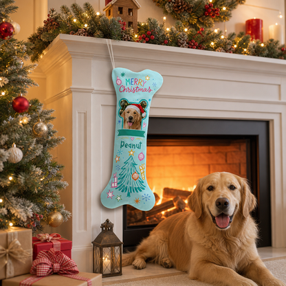Personalized Merry Christmas Frosty Tree dog bone Christmas stocking, view 4