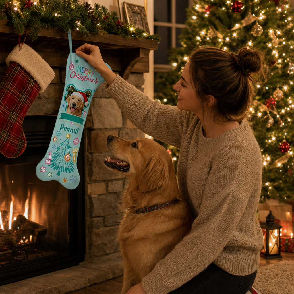 Personalized Merry Christmas Frosty Tree dog bone Christmas stocking, view 5