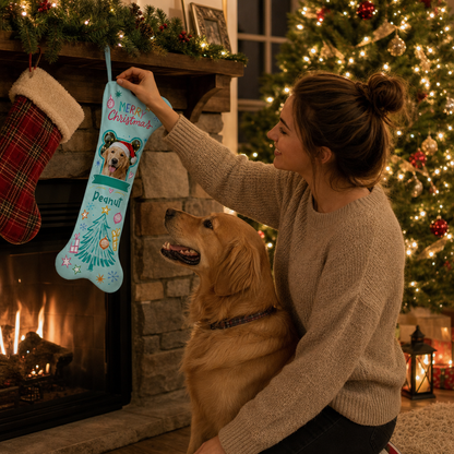 Personalized Merry Christmas Frosty Tree dog bone Christmas stocking, view 5