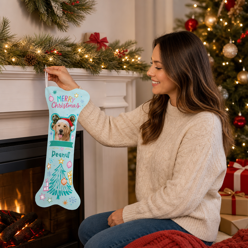 Personalized Merry Christmas Frosty Tree dog bone Christmas stocking, view 6