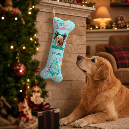 Personalized Merry Christmas Frosty Tree dog bone Christmas stocking, view 7