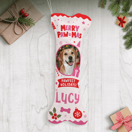 Personalized Merry Paw-Mas Pawfect Holidays dog bone Christmas stocking with custom dog photo and name
