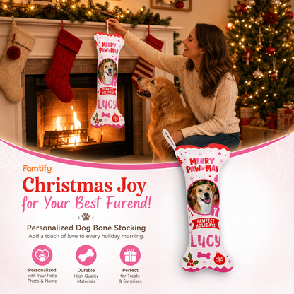 Personalized Merry Paw-Mas Pawfect Holidays dog bone Christmas stocking, view 2