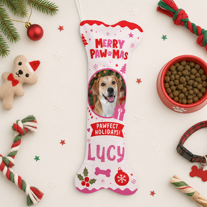 Personalized Merry Paw-Mas Pawfect Holidays dog bone Christmas stocking, view 3
