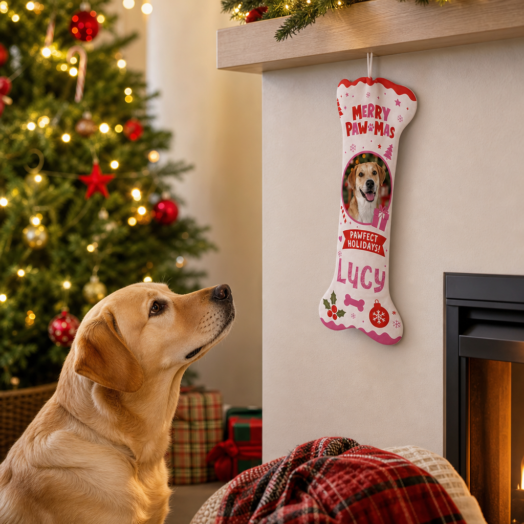 Personalized Merry Paw-Mas Pawfect Holidays dog bone Christmas stocking, view 4