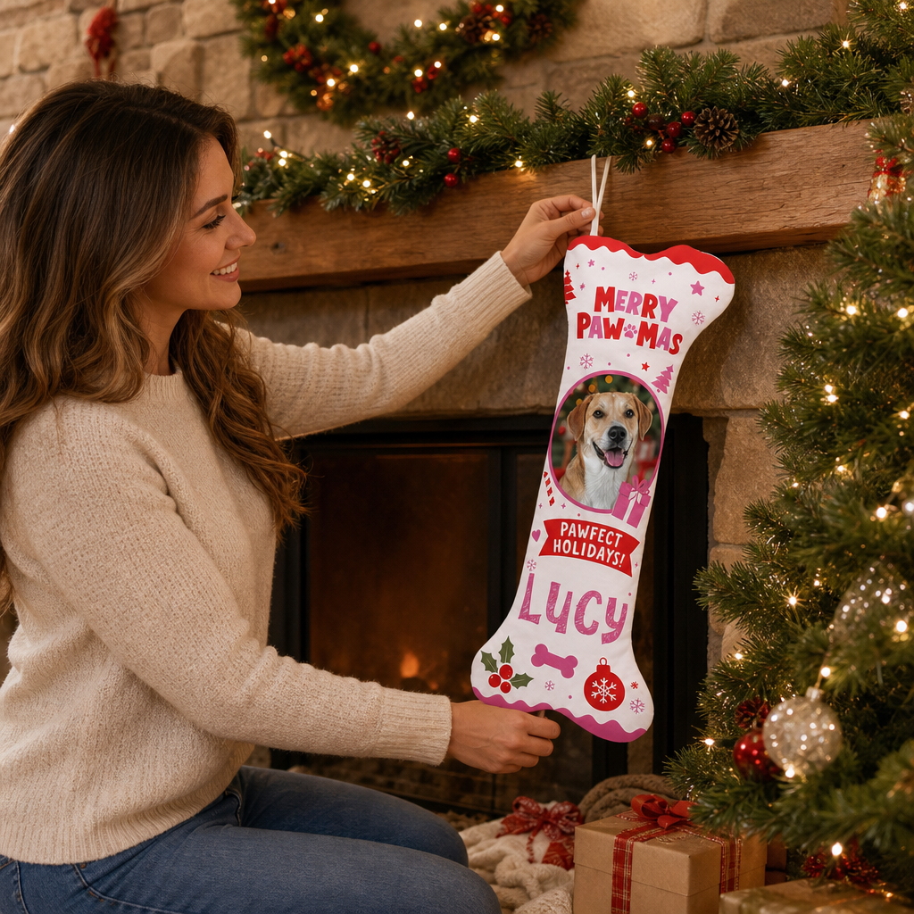 Personalized Merry Paw-Mas Pawfect Holidays dog bone Christmas stocking, view 5