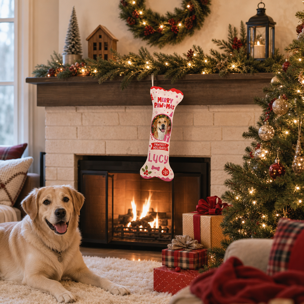 Personalized Merry Paw-Mas Pawfect Holidays dog bone Christmas stocking, view 7