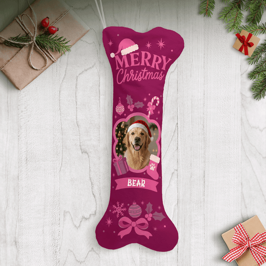 Personalized Merry Christmas Ornament Bow dog bone Christmas stocking with custom dog photo and name