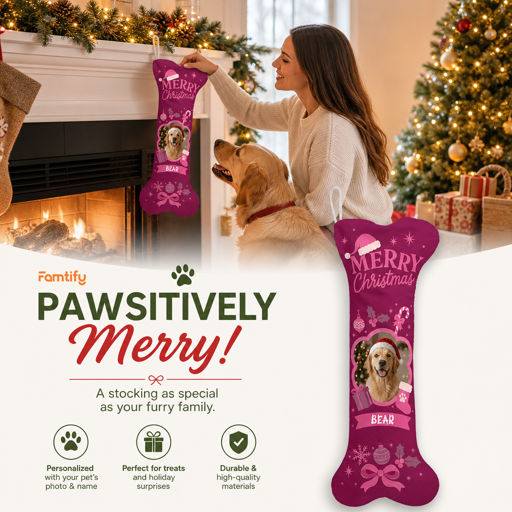 Personalized Merry Christmas Ornament Bow dog bone Christmas stocking, view 2
