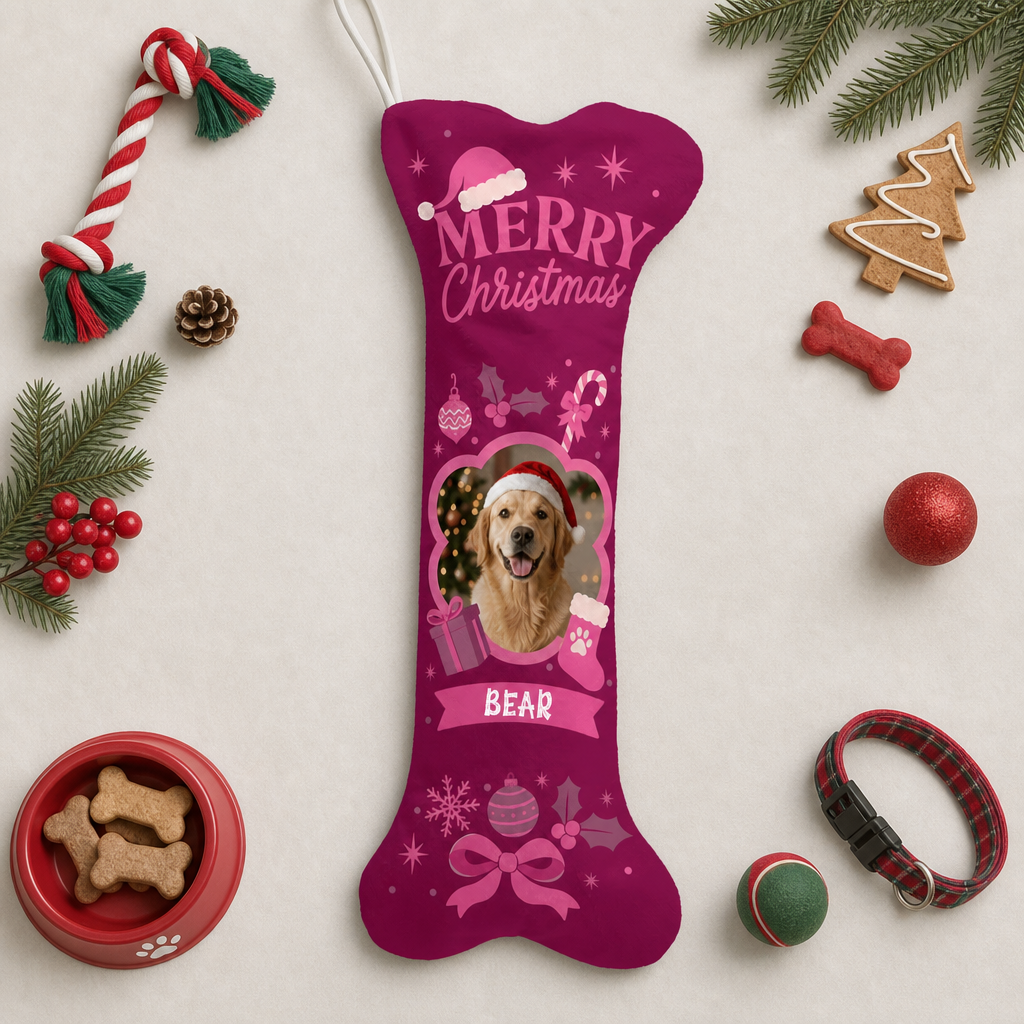 Personalized Merry Christmas Ornament Bow dog bone Christmas stocking, view 3