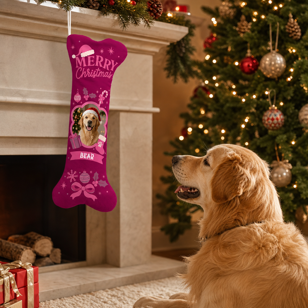 Personalized Merry Christmas Ornament Bow dog bone Christmas stocking, view 4