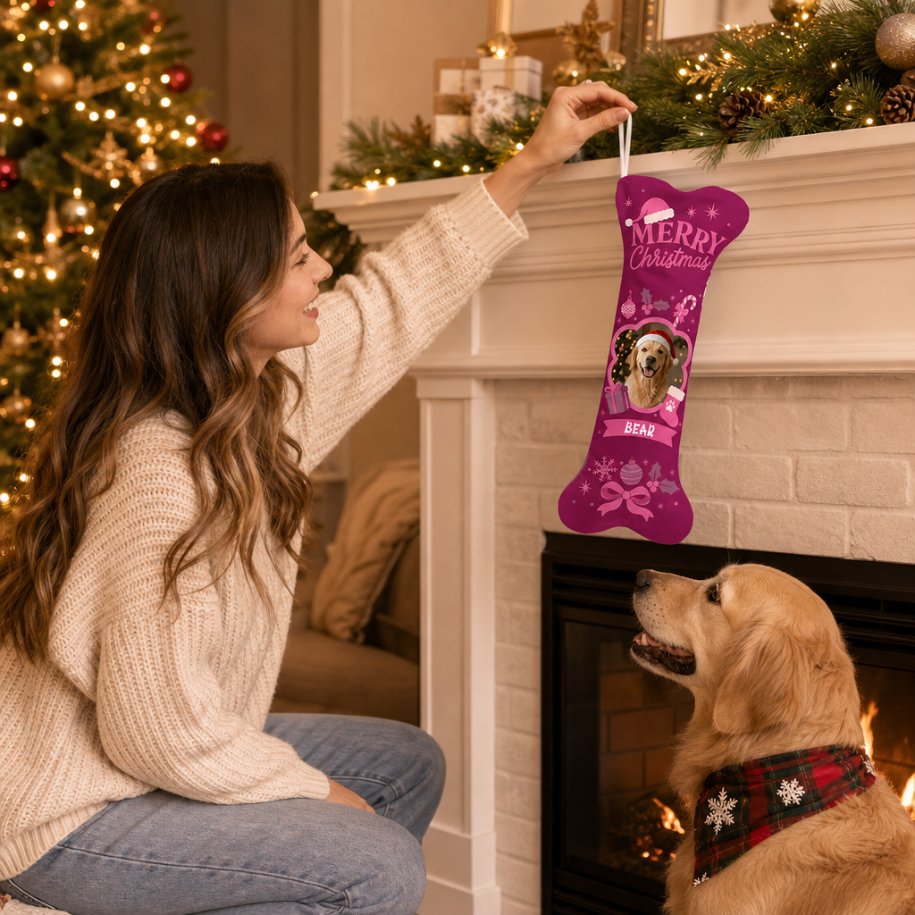 Personalized Merry Christmas Ornament Bow dog bone Christmas stocking, view 6
