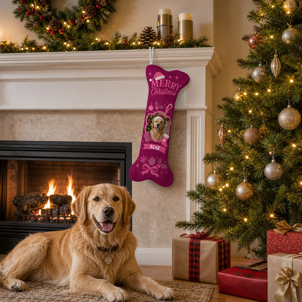 Personalized Merry Christmas Ornament Bow dog bone Christmas stocking, view 7