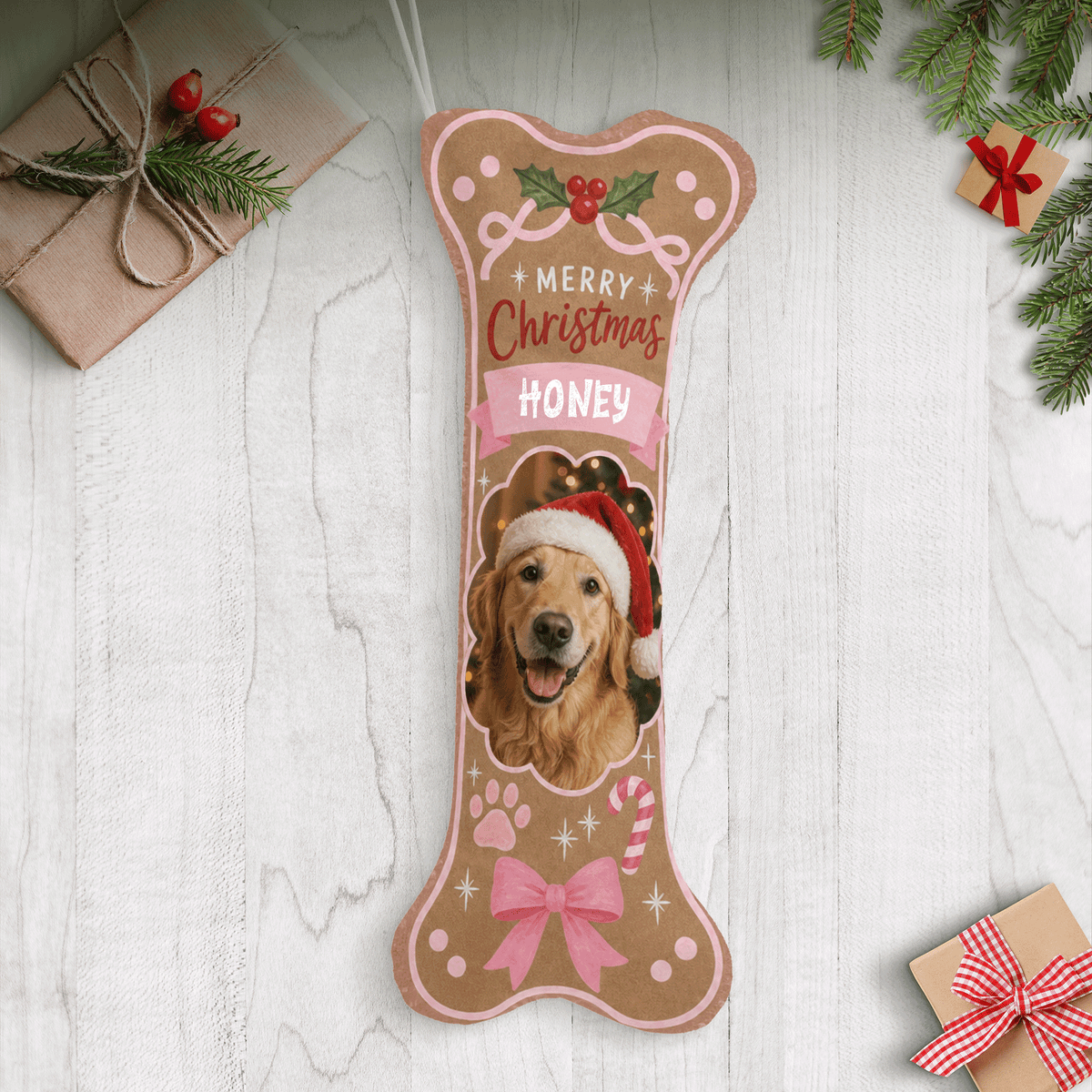 Personalized Gingerbread Cookie Merry Christmas dog bone Christmas stocking with custom dog photo and name