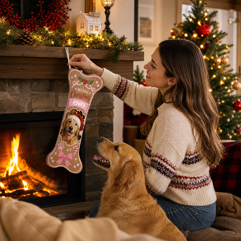 Personalized Gingerbread Cookie Merry Christmas dog bone Christmas stocking, view 6