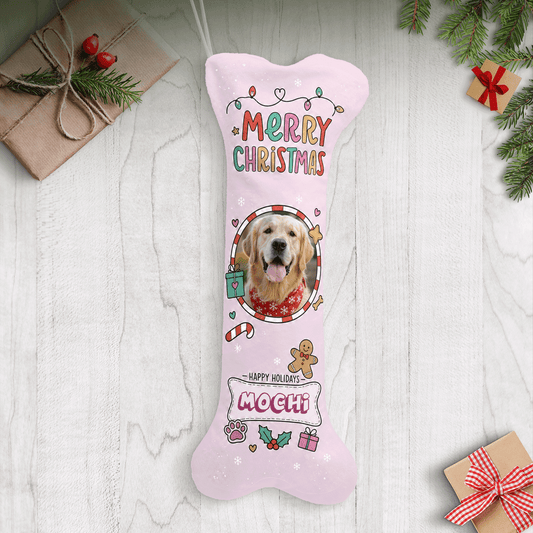 Personalized Happy Holidays Twinkle Lights dog bone Christmas stocking with custom dog photo and name