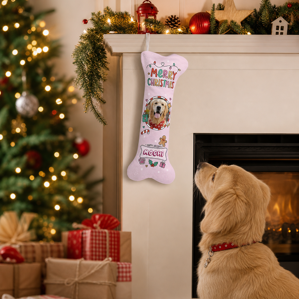 Personalized Happy Holidays Twinkle Lights dog bone Christmas stocking, view 4