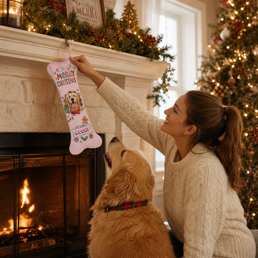 Personalized Happy Holidays Twinkle Lights dog bone Christmas stocking, view 6
