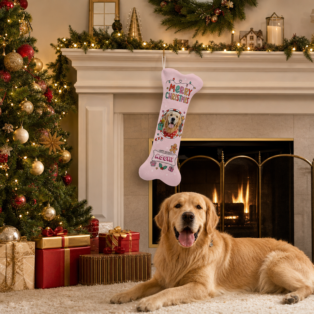 Personalized Happy Holidays Twinkle Lights dog bone Christmas stocking, view 7