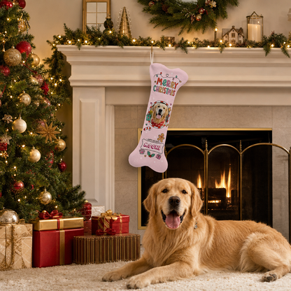 Personalized Happy Holidays Twinkle Lights dog bone Christmas stocking, view 7