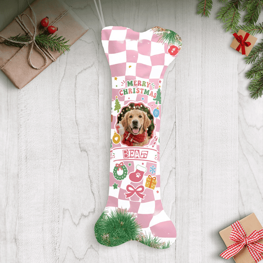 Personalized Retro Checkered Merry Christmas dog bone Christmas stocking with custom dog photo and name