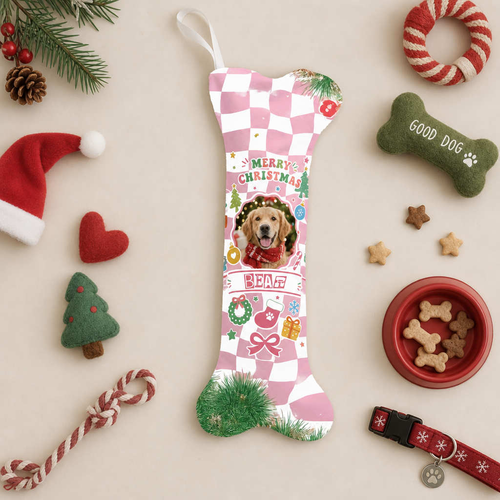 Personalized Retro Checkered Merry Christmas dog bone Christmas stocking, view 2