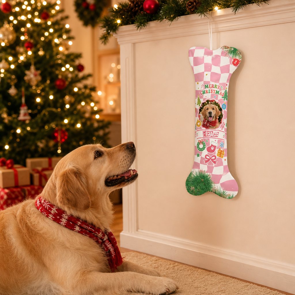 Personalized Retro Checkered Merry Christmas dog bone Christmas stocking, view 3
