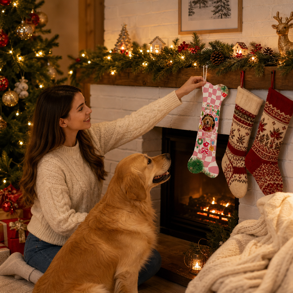 Personalized Retro Checkered Merry Christmas dog bone Christmas stocking, view 5
