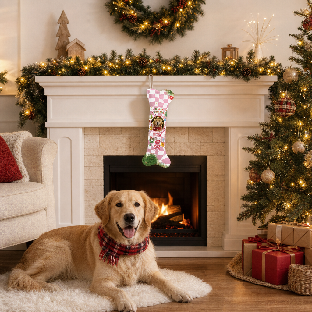 Personalized Retro Checkered Merry Christmas dog bone Christmas stocking, view 6