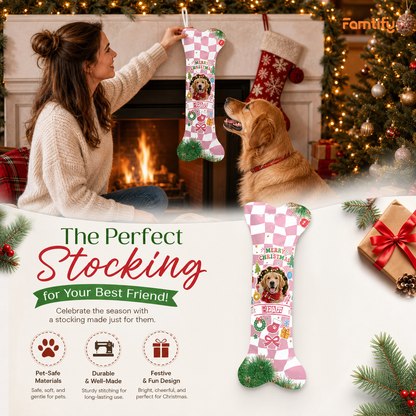 Personalized Retro Checkered Merry Christmas dog bone Christmas stocking, view 7