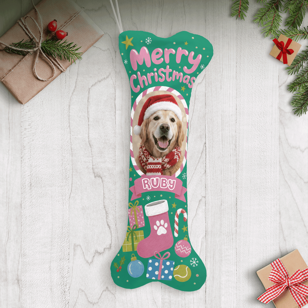 Personalized Merry Christmas Stocking and Gifts dog bone Christmas stocking with custom dog photo and name