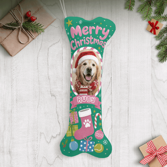 Personalized Merry Christmas Stocking and Gifts dog bone Christmas stocking with custom dog photo and name